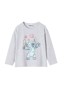 Graues Langarm-T-Shirt aus weichem Stoff, mit dem Cartoon-Charakter Stitch, der die Arme ausstreckt, und pinken Herzgrafiken.