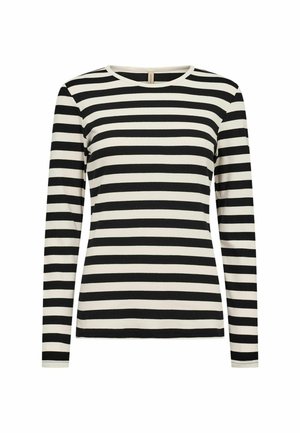 Black and white striped long-sleeve t-shirt with a round neckline. Made from ribbed fabric, featuring evenly spaced horizontal stripes.