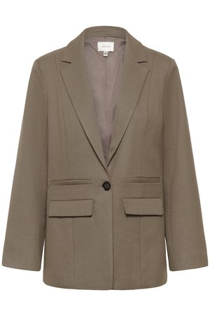 Καφέ σακάκι με εφαρμοστή γραμμή, γιακάδες με εγκοπές, δύο μπροστινές τσέπες και κλείσιμο με ένα κουμπί. Λείο ύφασμα με διακριτική υφή.
