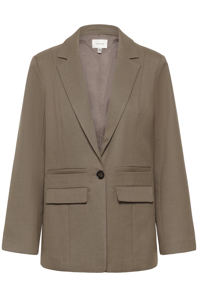 Blazer marron à coupe ajustée, avec col cranté, deux poches avant et une fermeture à un bouton. Tissu lisse avec une texture subtile.