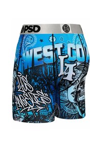 Férfi boxeralsók kék és fekete színben, grafikus mintákkal. Tartalmazza a "WEST COAST", "LA" feliratokat és stilizált dizájnokat. Rugalmas derékszíj logóval.