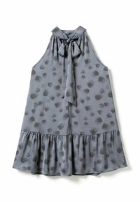 Siva haljina bez rukava s crnim apstraktnim mrljama, s mašnom na visokom izrezanom vratu i volanima na dnu.