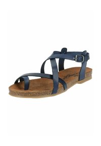Navy leather sandal with crossed straps and a buckled ankle closure. Cork footbed with a textured surface; flat rubber sole.