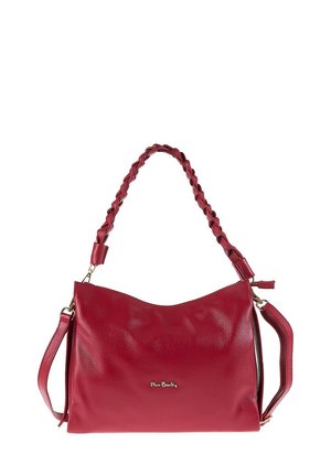 Borsa a mano rossa in pelle con manico intrecciato, tracolla staccabile e piccolo logo dorato al centro davanti.