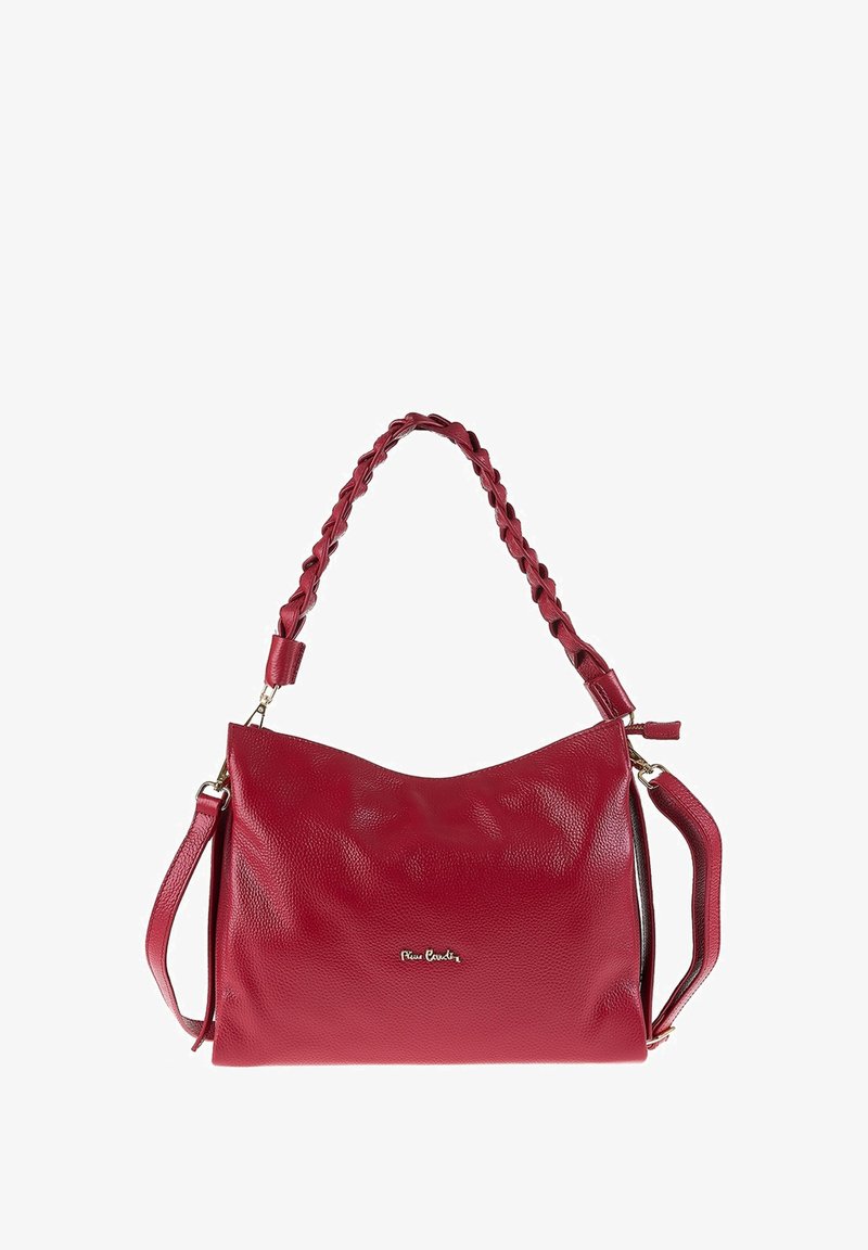Sac à main en cuir rouge avec une anse tressée en haut, une bandoulière détachable et un petit logo doré au centre avant.