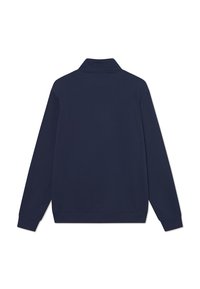 Navy blue, long-sleeve pullover with a collar. Soft, textured fabric and ribbed cuffs, featuring a simple, clean back design.