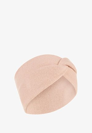 Strikket turban-hovedbånd i blød pink. Har et snoet frontdesign, glat tekstur og et elastisk bånd for en tætsiddende pasform.