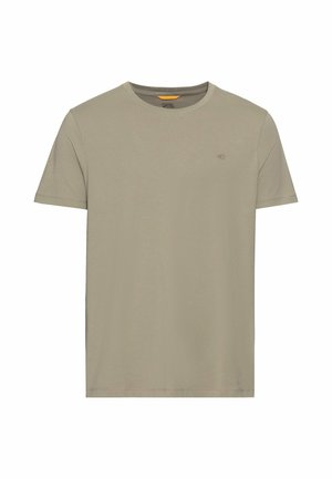 Beige katoenen t-shirt met een ronde hals en korte mouwen. Kenmerkt zich door een klein, geborduurd logo op de linkerkant van de borst en een normale pasvorm.
