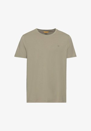 Beige katoenen t-shirt met een ronde hals en korte mouwen. Kenmerkt zich door een klein, geborduurd logo op de linkerkant van de borst en een normale pasvorm.