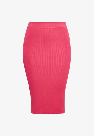 Upnutá midi sukně v jasně růžové barvě, vyrobená z žebrované tkaniny. Obsahuje široký elastický pas a hladkou strukturu. Jednoduchý, štíhlý design.