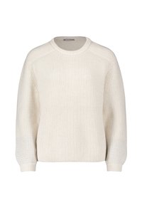 Cremefarbener Rippstrickpullover mit Rundhalsausschnitt und langen Ärmeln. Verfügt über strukturierte Akzente an den Ärmeln und ein lässiges Schnittdesign.