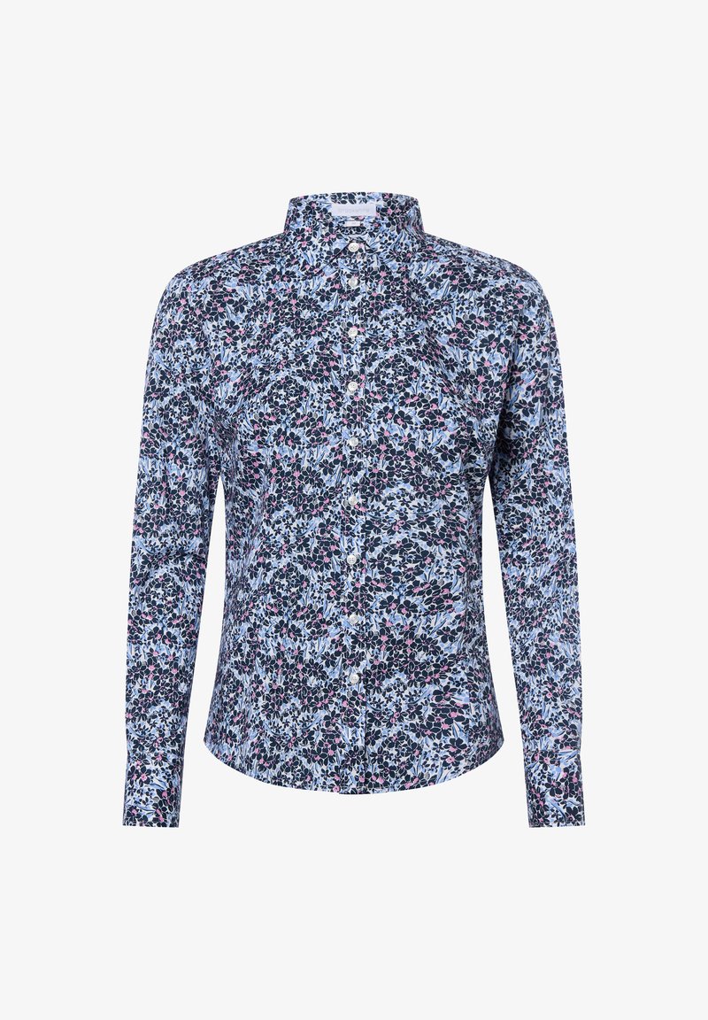 Koszula z długim rękawem w kwiatowy wzór, z granatowym tłem i różowymi oraz niebieskimi motywami kwiatowymi. Zapięcie na guziki i kołnierzyk typu button-down.