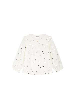 White long-sleeve blouse with black heart pattern, round neckline, single top button, and gathered fabric details on front and sleeves.