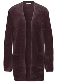 Dlouhá otevřená kardigan v tmavě burgundské barvě, vyrobená z měkkého, nadýchaného materiálu, s dvěma předními kapsami a uvolněným střihem.