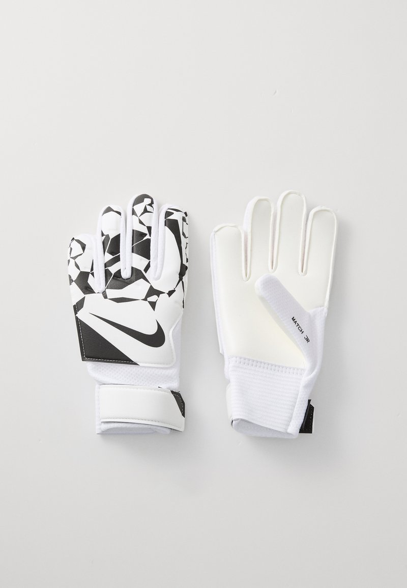 Fehér kapuskesztyű fekete kiegészítőkkel, geometrikus mintával az ujjak végén és tépőzáras csuklóhevederekkel a biztos illeszkedés érdekében.