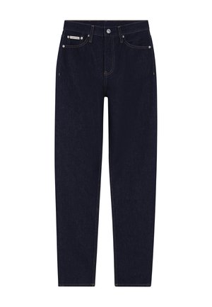 Donkerblauwe denim jeans met een recht model, voorzien van oranje stiksels, vijf zakken en subtiele branding op de tailleband.