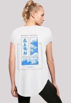 White, short-sleeve t-shirt featuring a blue wave graphic on the back, with a Japanese text design, and a curved hem.