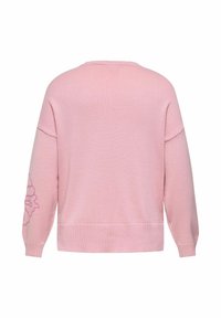 Maglione rosa lavorato a maglia con vestibilità ampia, polsini e orlo a coste, con un grande motivo floreale sulla manica sinistra. Texture liscia e leggero.