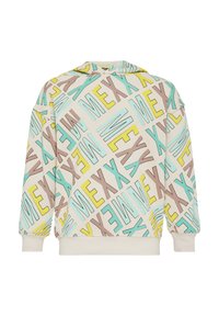 Mikina s kapucí na smetanovém pozadí a výraznými geometrickými vzory v tyrkysové, žluté a hnědé barvě. Měkká tkanina s žebrovanými manžetami.