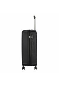 Black hardshell suitcase with a textured surface, dual zippers, integrated lock, telescoping handle, and four smooth-rolling wheels.