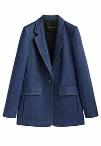 Tumman sininen farkkutakki, jossa on viistetyt kaulukset, yksittäinen napitus, kaksi etutaskua ja erottuva valkoinen ompelu. Sujuva pinta.