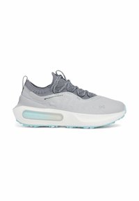 Grey athletic shoe with a textured upper, knit collar, and turquoise sole. Features visible cushioning and an embossed logo.