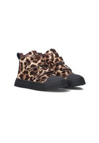 Leparda print hoge sneakers met zwarte rubberen zolen en klittenbandsluitingen. Zachte textiele bovenkant met glanzende bruine accenten.