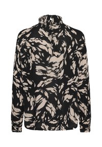 Juoda ir smėlio spalvos palaidinė su sūkuriuojančiu gėlių raštu, aukšta raukšlėta apykakle ir ilgomis rankovėmis su mygtukų detalėmis nugarinėje dalyje.