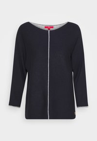 Marineblaues Sweatshirt mit weitem Ausschnitt, Dreiviertelärmel und einer kontrastierenden hellgrauen Linie in der Mitte. Weiche Textur und lässige Passform.