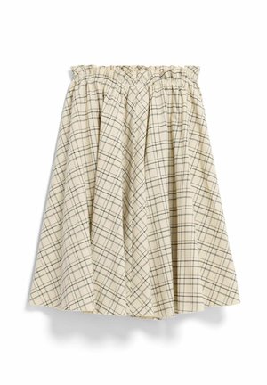 Karierter, beiger Rock mit einem gesammelten, elastischen Bund, der schwarze Linien in einem Gittermuster zeigt. Der Stoff wirkt leicht und hat ein fließendes Design.