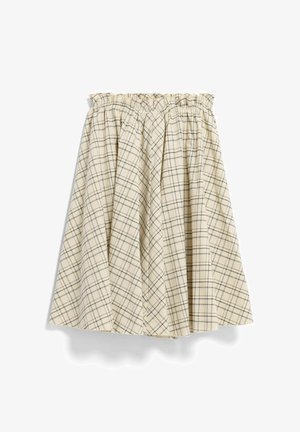 Karierter, beiger Rock mit einem gesammelten, elastischen Bund, der schwarze Linien in einem Gittermuster zeigt. Der Stoff wirkt leicht und hat ein fließendes Design.