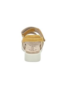 Yellow leather sandal with two adjustable straps, cushioned insole, and a white platform sole, featuring a textured upper and soft lining.