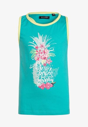 Débardeur turquoise avec bord jaune, arborant un grand ananas blanc et un motif floral rose avec les textes "pineapple" et "tasty fresh."