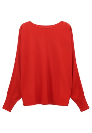 Red long-sleeve sweater with a wider neckline, loose fit, ribbed cuffs, and smooth texture. The back features a central seam detail.