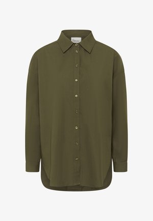Long-sleeve olive green button-up shirt with a pointed collar and a curved hem.