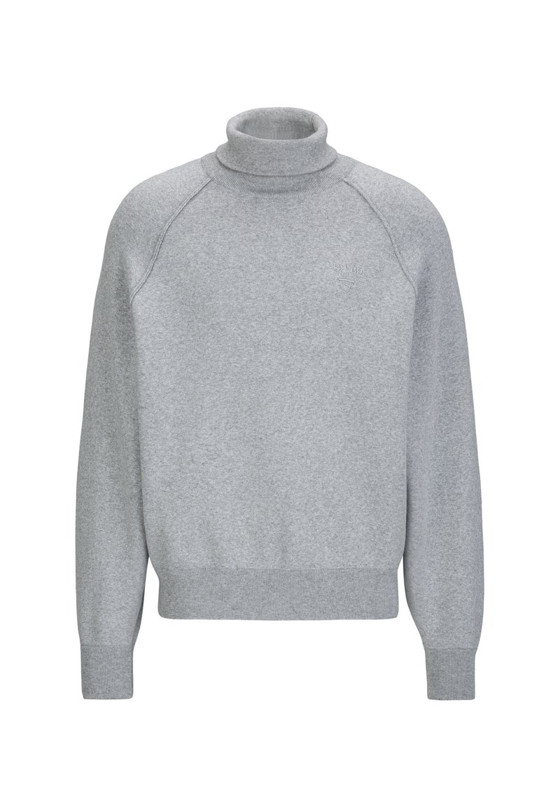 Grijze turtleneck sweatshirt van zacht materiaal. Kenmerkt zich door ribgebreide manchetten en een zoom, met een relaxte pasvorm en minimale branding aan de voorkant.