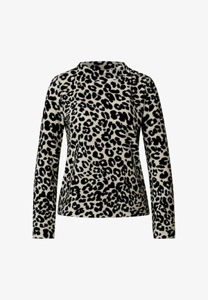 Maglia a maniche lunghe con scollo rotondo, motivo leopardato bianco e nero su sfondo chiaro.