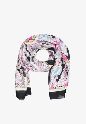 Foulard in seta caratterizzato da un motivo paisley multicolore con toni di rosa, blu e nero, rifinito con un bordo nero a contrasto.