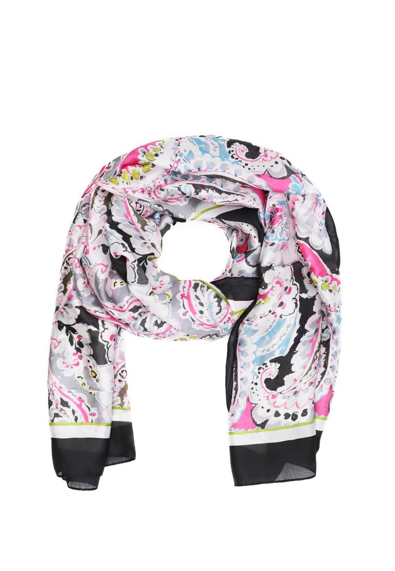 Foulard in seta caratterizzato da un motivo paisley multicolore con toni di rosa, blu e nero, rifinito con un bordo nero a contrasto.