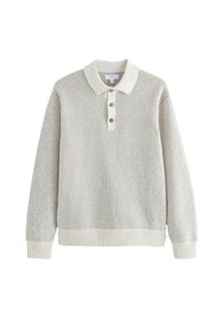 Pulover tricotat de culoare gri deschis, cu un model texturat, cu deschidere cu trei butoane și guler și tiv ribbed. Material moale cu un design casual.