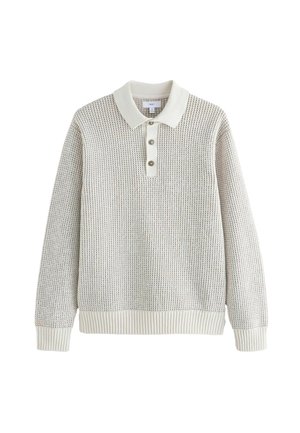 Pulover tricotat de culoare gri deschis, cu un model texturat, cu deschidere cu trei butoane și guler și tiv ribbed. Material moale cu un design casual.