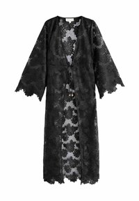 Kimono in pizzo nero con motivo floreale, apertura frontale e chiusura a legatura. Presenta maniche ampia e bordi scallopati. Materiale leggero e trasparente.