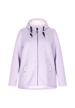 Sudadera con cremallera morada y capucha, con cordones en color marino, bolsillos laterales y una tela suave y texturizada.
