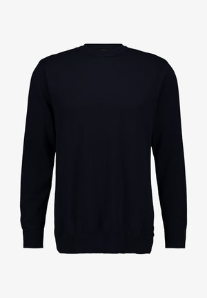 Maglione blu navy in maglia con scollatura tonda, maniche lunghe, polsini e orlo a coste, caratterizzato da una texture liscia e senza motivi o loghi visibili.
