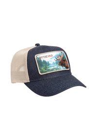 Donkerblauwe spijkerpet met een beige mesh achterkant. Voorzien van een geborduurd embleem van een eland en een boslandschap met de tekst "OFF THE GRID".