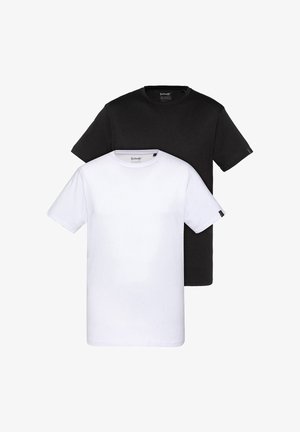 Due T-shirt impilate, una nera e una bianca. Entrambe presentano maniche corte, collo rotondo e una texture di cotone liscia.