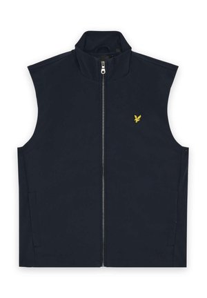 Marineblå ærmeløs vest med frontlynlås og lille gul broderet fuglelogo på venstre bryst, vist fladt på en hvid baggrund.