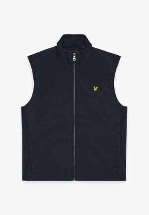 Marineblå ærmeløs vest med frontlynlås og lille gul broderet fuglelogo på venstre bryst, vist fladt på en hvid baggrund.