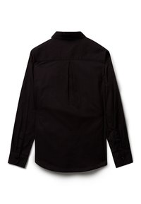 Maglietta nera a maniche lunghe realizzata in un tessuto morbido, con colletto, piega sul retro e polsini abbottonati.