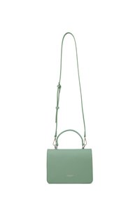 Groene vegan leren handtas met een rechthoekige vorm, dubbele handvaten en een verstelbare schouderband. Gladde textuur en minimale hardware.